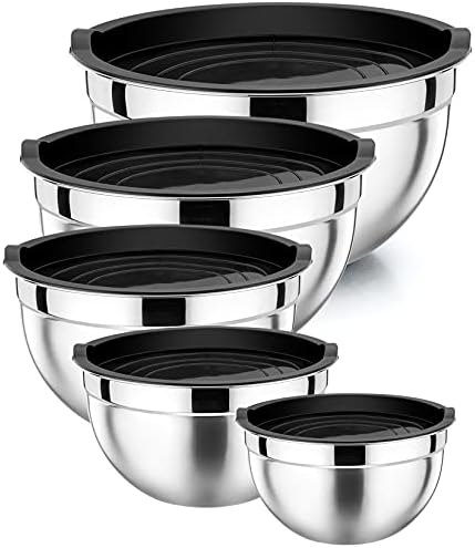 P&P CHEF Metal Mixing Bowls with Lids Set, Airtight Lids & Black