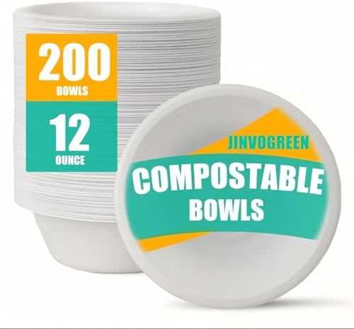 JINVOGREEN 200 Count 12 oz Paper Bowls Disposable, Compostable Bowl, White