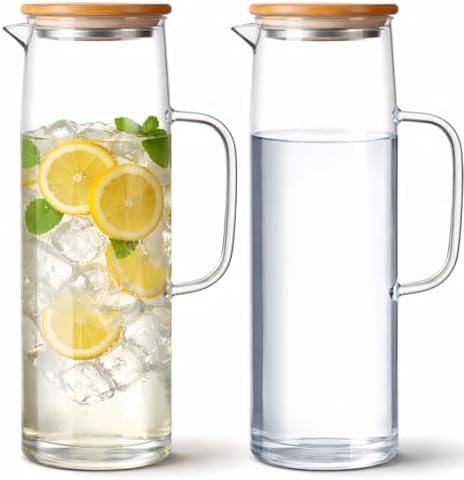 Hsei 2 Sets Glass Pitcher with Lid Water Carafe, Bamboo Lid, 1.5L