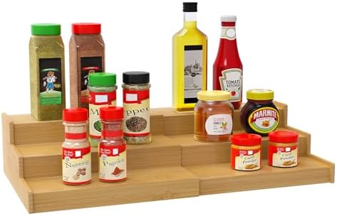 Lenwi Spice Rack Organizer for Cabinet, 3 Tier Expandable Bamboo Spice Storage for Kitchen Cupboard Pantry