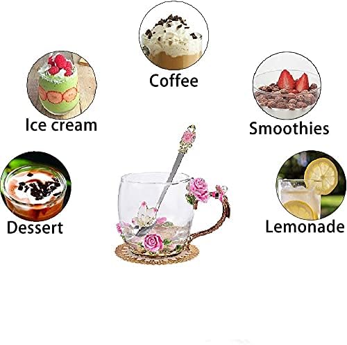 SUQ I OME Enamel Rose and Butterfly Flower Glass Tea Cup, Pink Rose