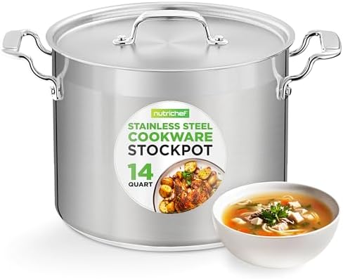 NutriChef 14 Quart Stock Pot with Lid - Heavy Duty Stainless Steel, Induction Ready, Ergonomic Handles