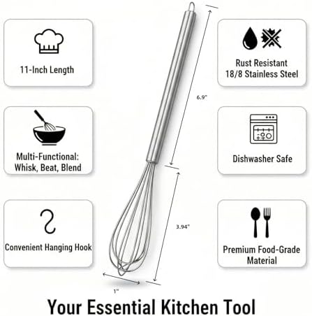 11-Inch Slim French Whisk, Small Whisk, 18/8 Stainless Steel, Long Handle