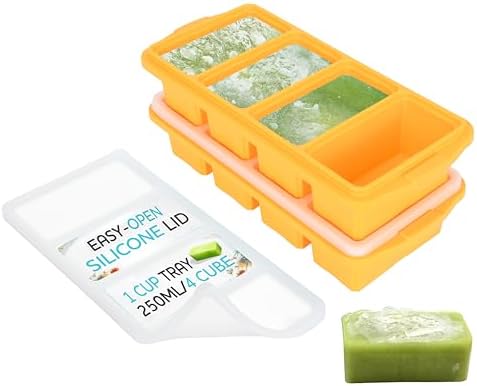 XOMOO Silicone Freezer Tray With Lid - Soup Freezer Container molds - Large Ice Cube Tray- makes 8 perfect 1 cup portions cubes, 2-Pack Freezer Storage Food Soups & Meal Prep - Oven & Dishwasher -Safe