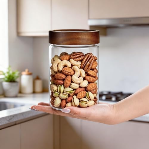 28 Fl oz/850ml Glass Jars, Glass Canister with Airtight Screw on Wooden Lid