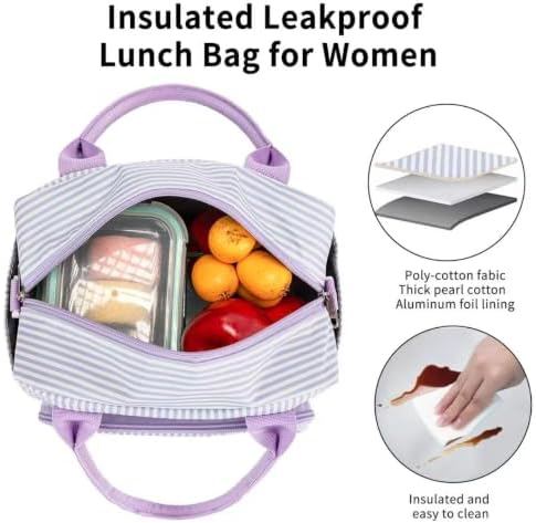 Lunch Bag Women Lunch Box for Women Adult Cute Insulated Lunch Bag Lager Cooler Lunch Tote Bags for Work Picnic (Purple Stripes)
