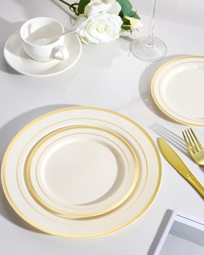 Goodluck 200 PCS Ivory and Gold Plastic Plates Heavy Duty Disposable
