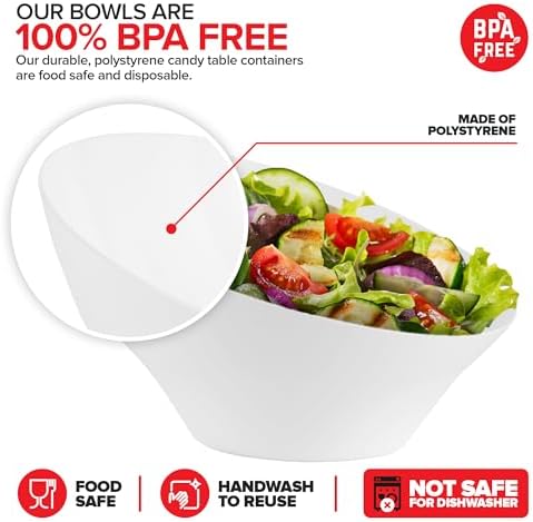 54oz White Plastic Serving Bowls (4 Pack) Large Disposable Snack Bowl Candy Dishes, Buffet Containers, Chips, Popcorn, Snacks, Punch, Salad Bar, Parties, Office Desk, Bridal Shower, Party Supplies