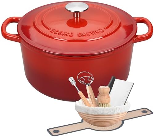 EDGING CASTING Enameled Cast Iron Dutch Oven with Sourdough Bread Baking Kit, Bread Dutch Oven with Lid, Includes Proofing Basket & Baking Tools, 5qt, Red