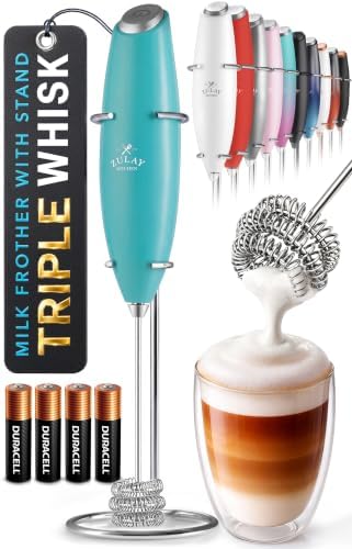 Zulay Kitchen Powerful Milk Frother Wand With Duracell Batteries - Ultra Fast Handheld Drink Mixer - Electric Whisk Foam Maker for Coffee, Lattes, Cappuccino & Matcha - Triple Whisk - Queen Turquoise