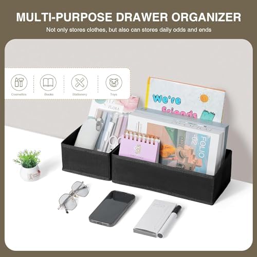 DIMJ Drawer Organizers - Set of 8 Foldable Closet Dividers for Baby Clothes, Socks, Belt, Tie (Black)