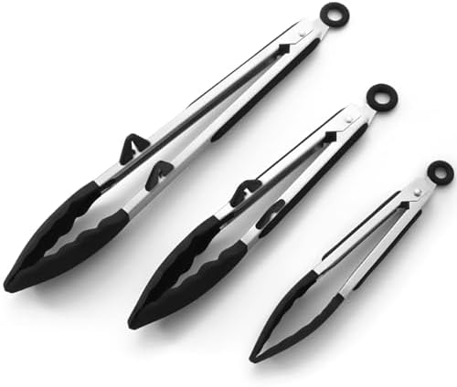 Kitchen Tongs for Cooking with Silicone Tips, 3 Size Serving Tongs, Black