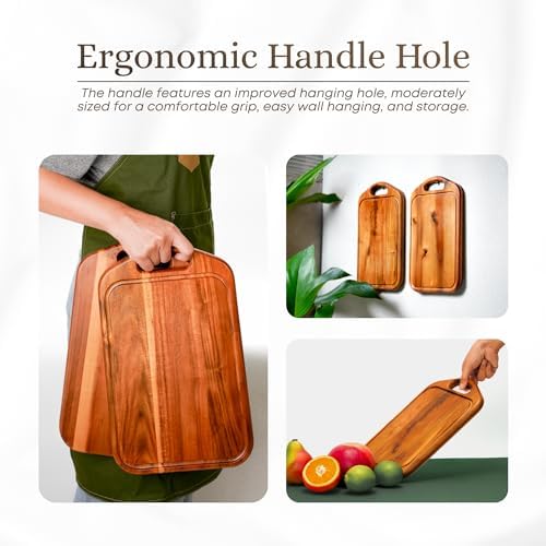 VieWood Acacia Wood Cutting Board with Handle, 13x8 Inch Wooden Board for Kitchen, Serving, Charcuterie and Cheese, Juice Groove, Knife Friendly