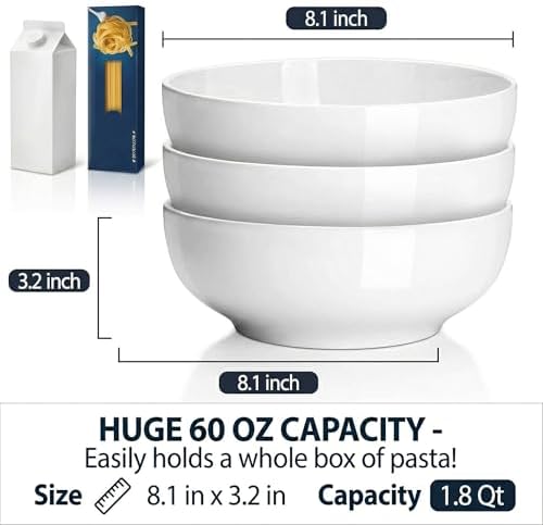 DELLING 60 Oz Large Serving Bowls Set of 3, 8 Inch White Ceramic Mixing Bowls - Soup Salad Pasta Ramen Bowls for Kitchen, Microwave Dishwasher Safe, Porcelain