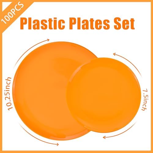 PULOTE 100PCS Orange Plastic Plates - Premium Hard Orange Disposable Include 50 Each(10.25 Inch Dinner & 7.5 Inch Dessert) Plates, Ideal for Party