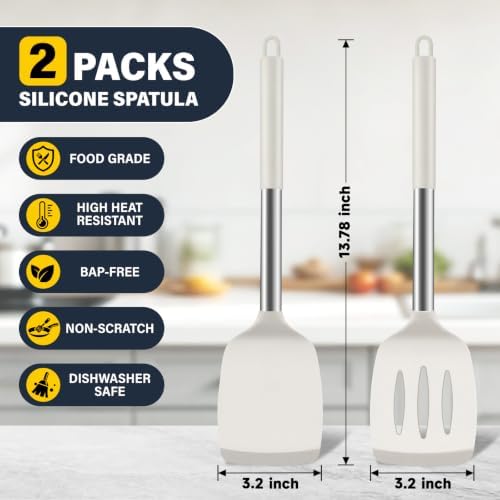 2 Pack Silicone Spatula Set, Solid & Slotted Turner for Non-Stick Pans, High Heat Resistant Silicone Spatula for Cooking, BPA-Free Stainless Steel Cooking Utensils for Fish, Eggs, Pancakes, Beige