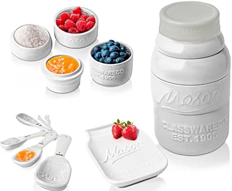 Comfify White Mason Jar Measuring Set – 4 Cups, 4 Spoons, Spoon Rest