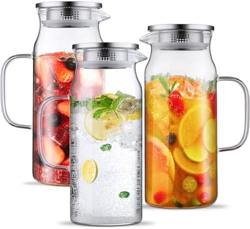 Bivvclaz 3 Pack 2 Liter 68 oz 2.1 Qt Glass Pitcher with Lid and Handle, Water Pitcher for Fridge, Glass Carafe for Hot/Cold Water, Large Iced Tea Jug for Coffee, Juice and Homemade Beverage