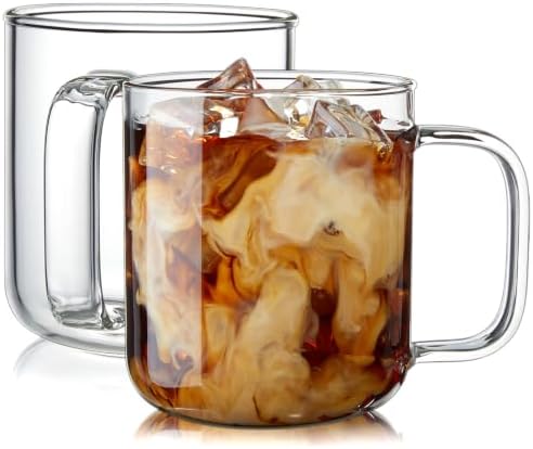 Glass Coffee Mugs, 14 oz iced coffee cups, Clear Tea Cups Set of 2, Glass Mugs with Handles, Glass Cups for Latte, Cappuccino, and Tea