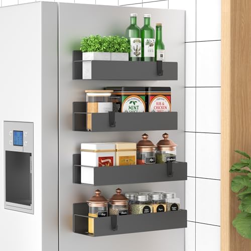 HuggieGems Metal Magnetic Spice Rack for Refrigerator Dark Gray, 4 Pack