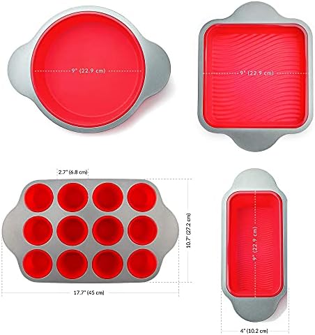 Boxiki Kitchen 13-Piece Non-Stick Silicone Bakeware Set with Cake Pan, Brownie Pan, Loaf Pan, Muffin Mold, Spatulas, Brush, and Measuring Spoons - Oven, Freezer and Dishwasher Safe