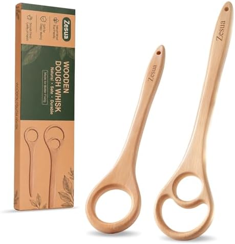 Wooden Dough Whisk Set, One-Piece Solid Beech Wood Danish Sourdough Whisks