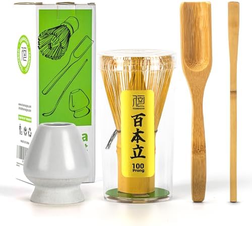 TEANAGOO Matcha Whisk Set, Bamboo Matcha Whisk (Chasen), 4 Pcs Traditional Starter Matcha Set, Scoop (Chashaku) Tea Spoon Whisk Holder, Matcha Accessory, Bamboo Whisk For Matcha Tea (100prongs)