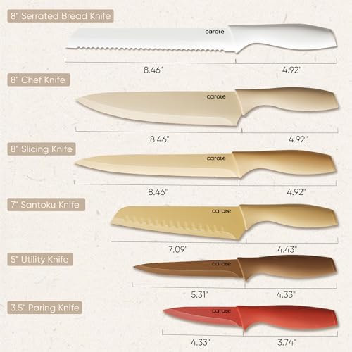 CAROTE Knife Set, 12 Pieces Kitchen Knife Set, 6 Stainless Steel Knives with Blade Guards & Nonstick Ceramic Coating, Rustproof, Color-Coded, Ergonomic Handles (Pack of 2)