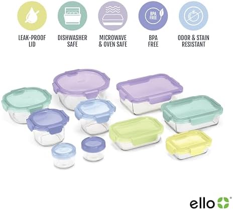 Ello Color Lock 20pc Glass Food Storage Containers with Lids, Purple Rain