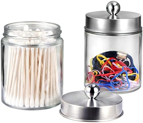 Amolliar Glass Apothecary Jar Qtip Holder Metal Lids 4pc/Brushed Nickel