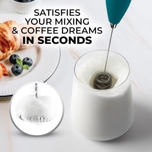 Zulay Kitchen Powerful Milk Frother Wand With Duracell Batteries - Ultra Fast Handheld Drink Mixer - Electric Whisk Foam Maker for Coffee, Lattes, Cappuccino & Matcha - Triple Whisk - Reign Emerald
