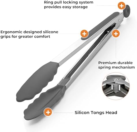 Stainless Steel&Silicone Food Tongs Set of 2 (9+12 Inch)-BPA-Free&Non-Toxic Heat Resistant Non-Scratch BBQ&Cooking Tools,Strong Grip Locking for Grilling,Air Fryer,Salad,Dishwasher Safe