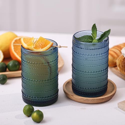 Moretoes 15oz Blue Vintage Hobnail Drinking Glasses Set of 6