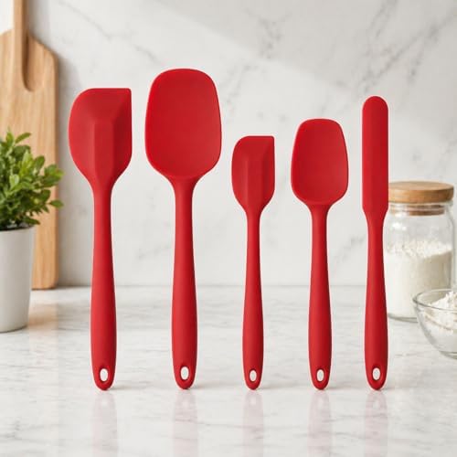 5 Piece Silicone Spatula Set, Heat Resistant up to 446°F, BPA-Free One-Piece Kitchen Rubber Spatula Set for Cooking, Baking, Mixing & Scraping, Nonstick Cookware Safe, Dishwasher Safe, Red