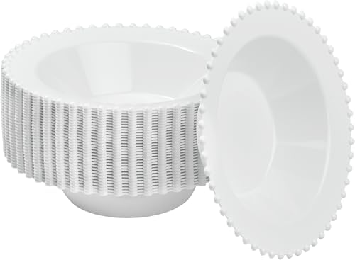 PLASTICPRO 32 Piece Plastic Dinner Plates Bowls Disposable Plastic Fancy Heavy Duty Party Dishes 12 oz White Bead Bowls