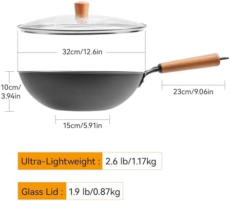 WANGYUANJI Carbon Steel Wok Pan - 12.6 Inch Flat Bottom Wok, Premium Stir Fry Pan, Uncoated Iron Woks for Induction Cookware and Gas Stoves