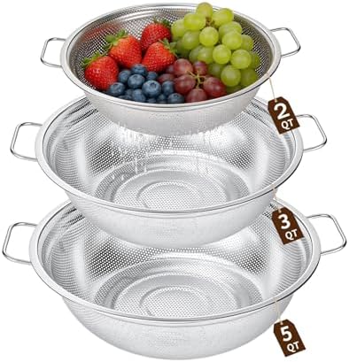 Stainless Steel Colander Set of 3, 18/8 Food Grade Steel Kitchen Strainers, 2, 3 & 5 Quart Metal Pasta Strainers with Welded Handles, Non-Slip Feet, 2.5mm Precision Holes, Dishwasher Safe