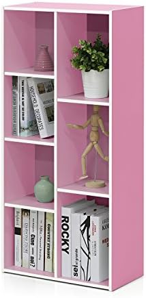 Furinno LUDER Book Shelf, 7-Cube Bookshelf, Bookcase with Open Shelves, 9.4 x 19.5 x 41.7, Easy Assembly, for Living Room, Bedroom, Home Office, White/Pink
