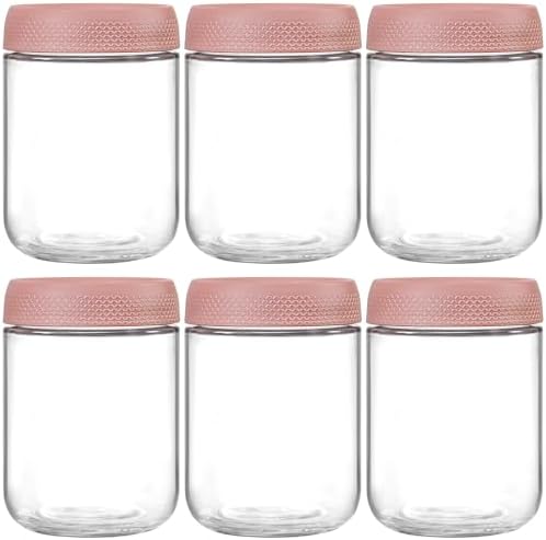 NETANY 6-pack 16oz Glass jars with Airtight Lids, Overnight Oats Containers with Lids, Wide mouth Mason Salad jars, Glass Food Storage Containers for Snacks Yogurt Spice Sugar-Pink