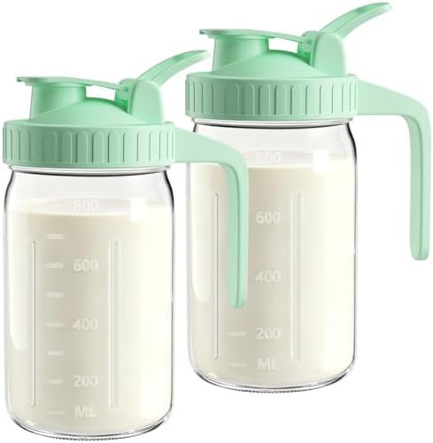 Mason Jar Pitcher Set of 2, 32oz(1quart) Glass Breast Milk Pitcher with Lid