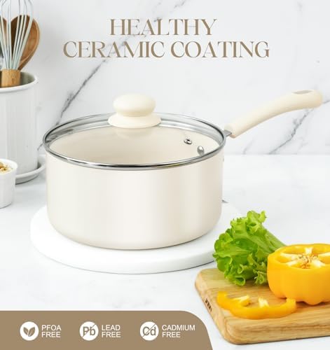 MICHELANGELO Nonstick Saucepan with Lid, Ceramic Sauce Pan Sets, Easy to Clean Sauce Pans, Multi-Purpose Cooking Pots, 1QT, White