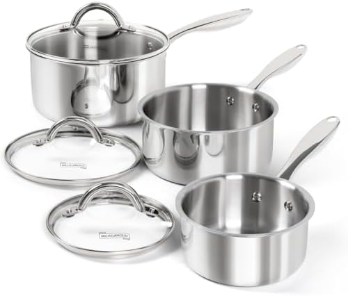 MICHELANGELO Saucepan Set 6pc, Triply Stainless Steel Sauce Pan with Lids 1QT & 2QT &3QT, Kitchen Cooking Pot for Home Use, Dishwasher Safe & Induction Compatible