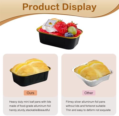 Mini Cake Pans With Lids And Spoons,5.5 oz Rectangle Mini individual Loaf Pans Disposable Aluminum Foil Small Baking Cups Tins (100, Black)