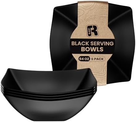 R-kay 6 Pack Square Plastic Black Serving Bowls - Black Plastic bowls 64 Oz - Salad Bowls Large Serving - Premium Heavy Duty For Weddings Catering And Birthday parties