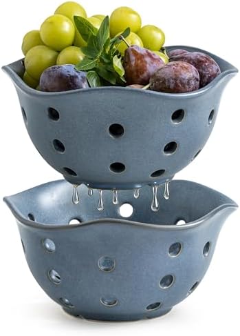 Gomakren Fruit Basket Set of 2, Berry Bowls with Holes Ceramic, Slate Blue