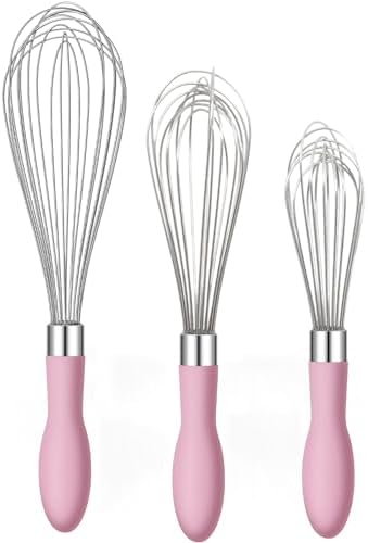 Rainspire 9" 10" 12" Wire Whisk Stainless Steel, Balloon Whisks for Cooking, Wisk Wisking Tool With Soft Silicone Handle, Thick Durable Whisker for Blending, Beating, Whisking, Stirring, Pink