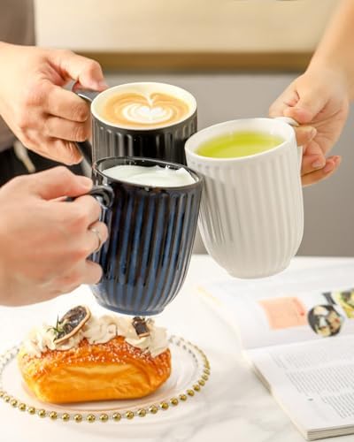 HASENSE 16oz Ceramic Coffee Mugs Set of 4, Black Ribbed Latte Cups with Large Ergonomic Handle, Modern Lightweight, Great for Coffee, Tea & Cocoa, Dishwasher & Microwave Safe