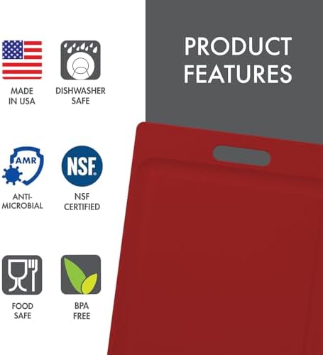 Dexas NSF Certified Polysafe Cutting Board with Handle and Juice Well, 12 x 18 inches, Reversible Kitchen Cutting Board, Red