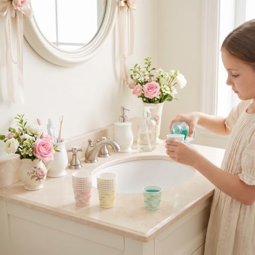 RUSPEPA 3oz Floral Paper Cups, 100 Pack Blue Pink Green Yellow Daisy Design Disposable Small Party Cups for Bathroom, Mouthwash, Wedding, Bridal Shower, Baby Shower, Garden Tea Party Supplies