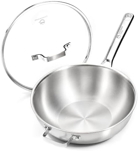 COOKER KING 12" Wok Pan with Lid, Stainless Steel Deep Skillet for Stir-Fry